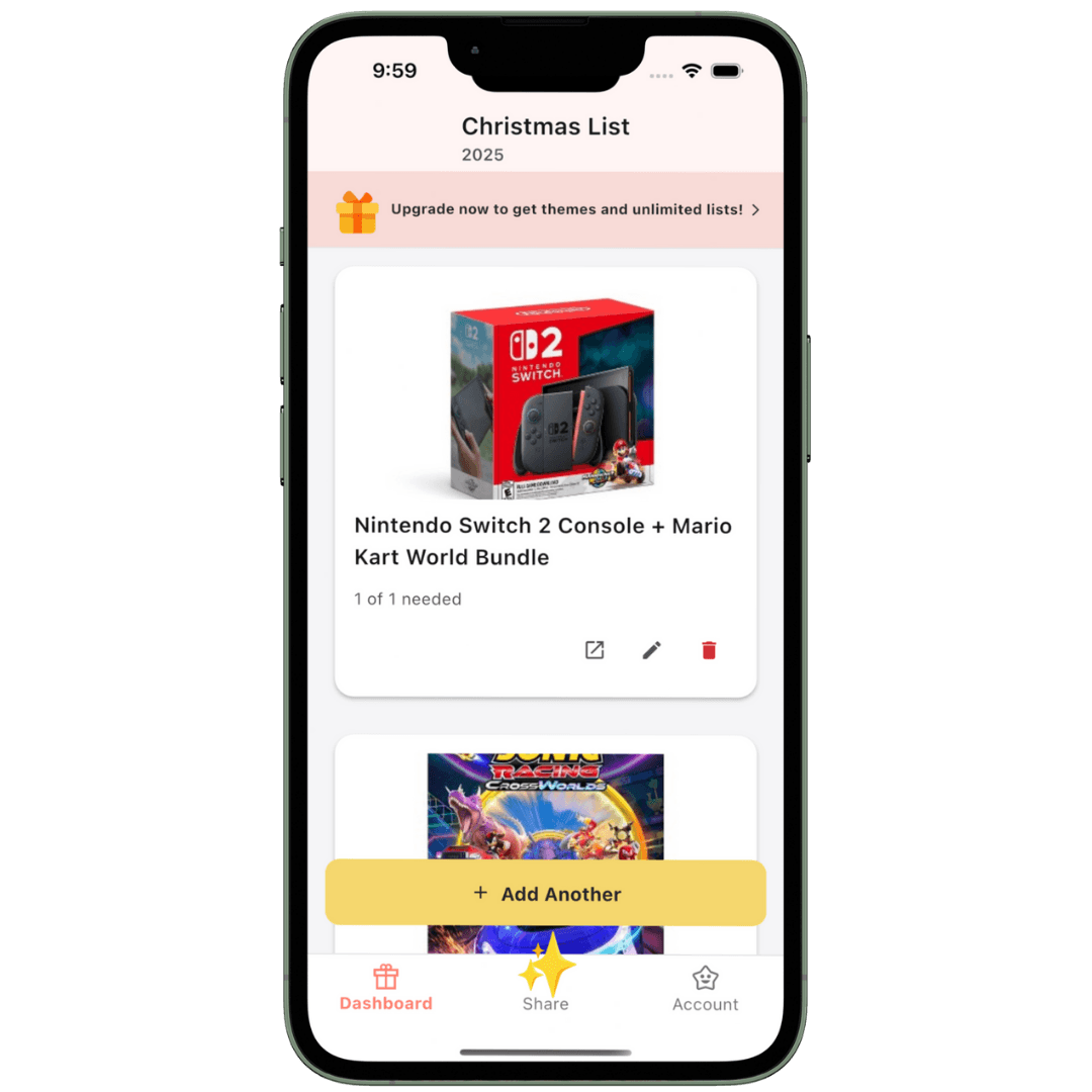 A clean wishlist showing saved gift items